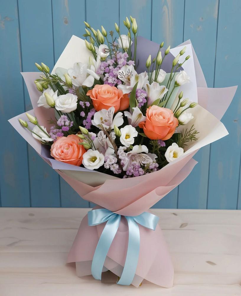 Букет цветов из: Лизиантусы, Розы, Альстромерии и Гипсофила в Муслюмово Татарстан
